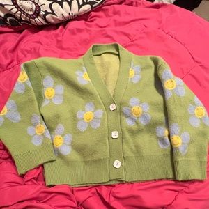 green cardigan - with sunflowers (size large)